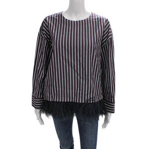 Odeeh Women Red Striped Cotton Round Neck Long Sleeve Blouse Size M